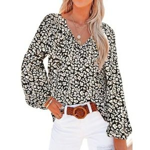 Women's Casual Boho Floral Print V Neck Long Sleeve Shirt Blouses Black